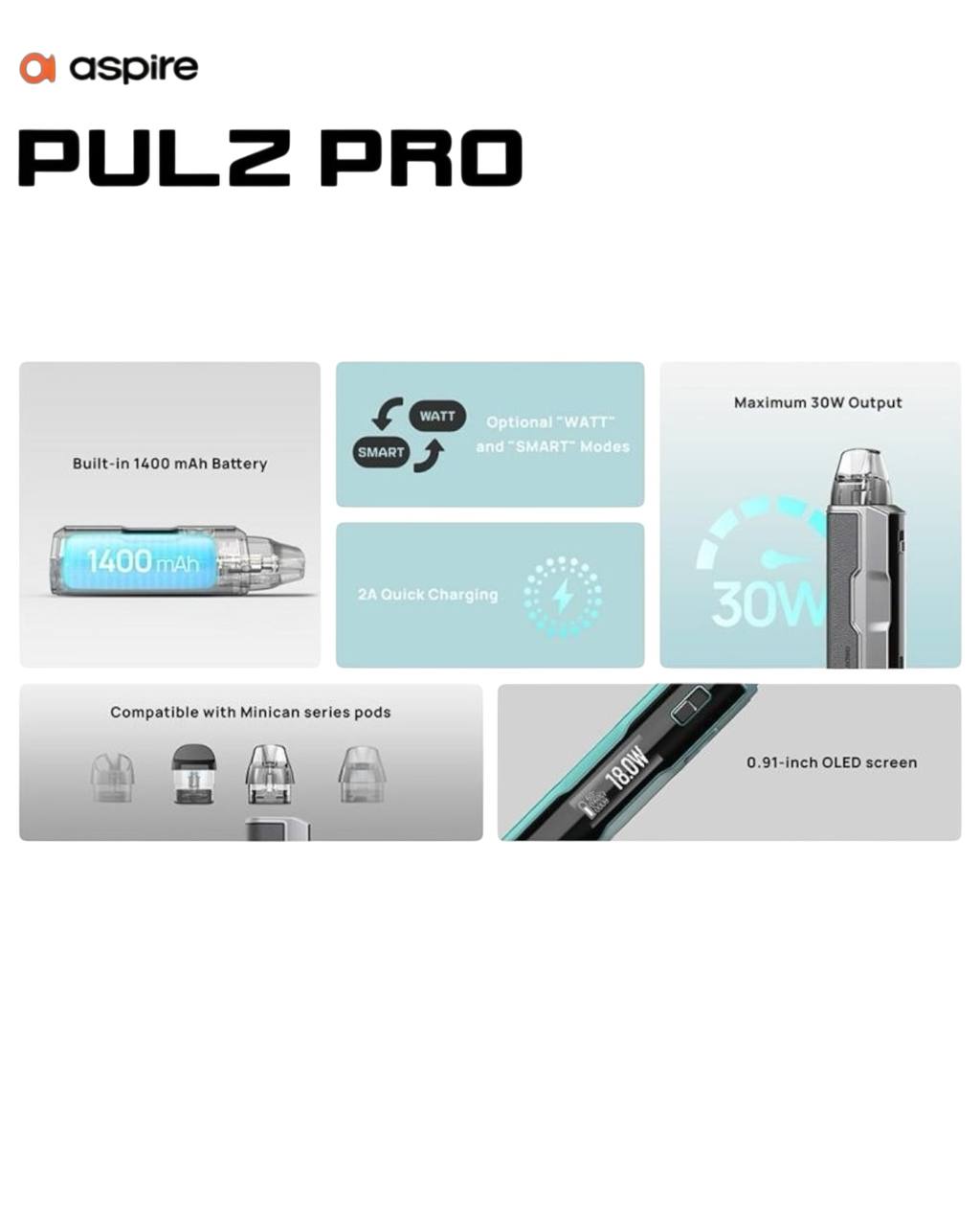 原廠正品 Aspire Pulz Pro  電子煙  小煙 注油式 大容量1400mAh Minican 5代